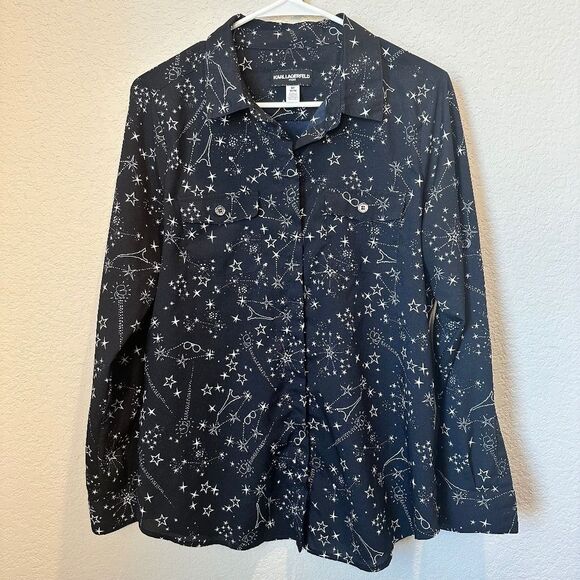 Karl Lagerfeld Paris Black Star Eiffel Tower Novelty Print Button Front Shirt M - Picture 1 of 6